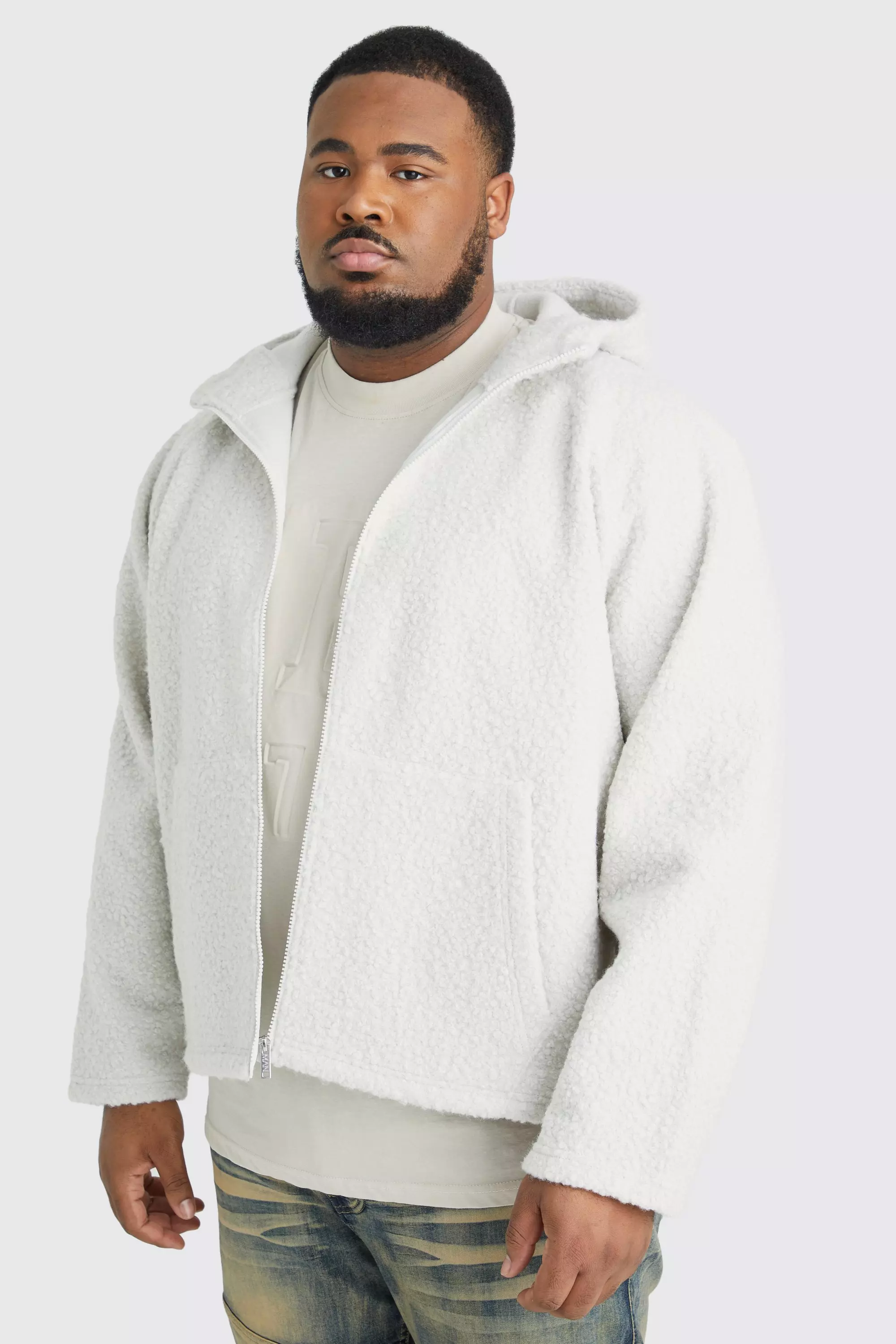 Plus Oversized Boxy Boucle Borg Zip Thru Hoodie boohooMAN